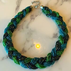 Vintage Braided Bead Necklace, Green, Blue and Irridescent